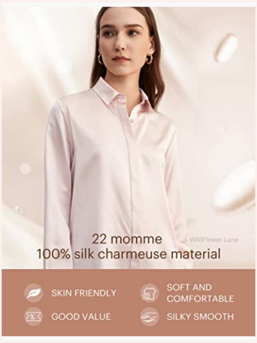 100% Mulberry Silk Long Sleeve Button Down Blouse - Picture 6 of 7